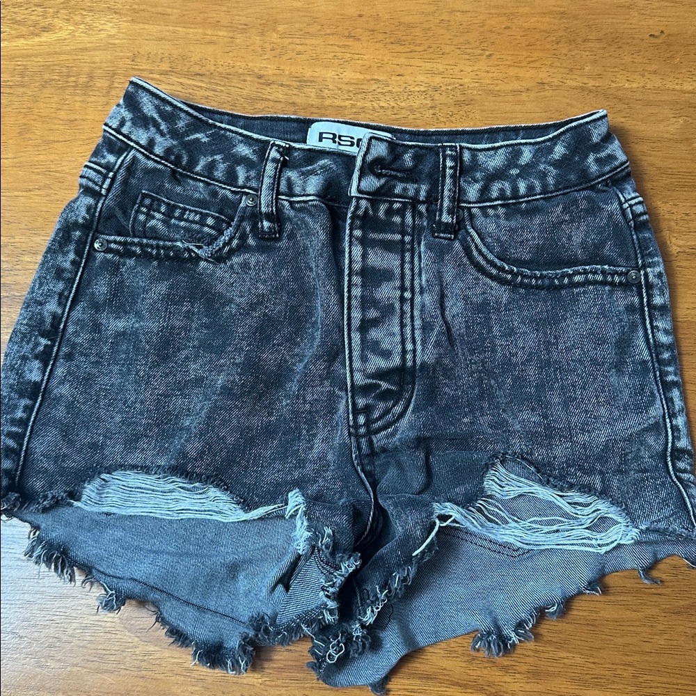 RSQ juniors black vintage high rise distressed denim shorts. Size 23. Button fly